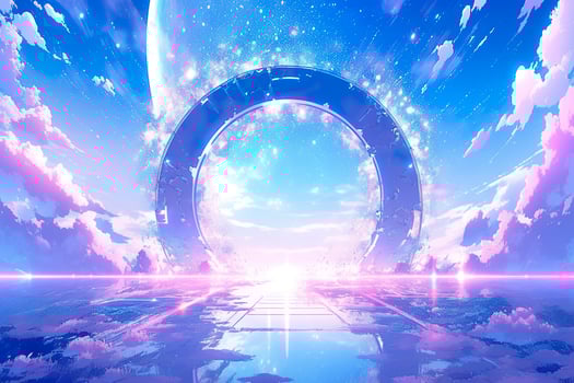 AI generated Portal to another world. Futuristic cosmic landscape with circle tunnel in starry sky. Generative AI photo