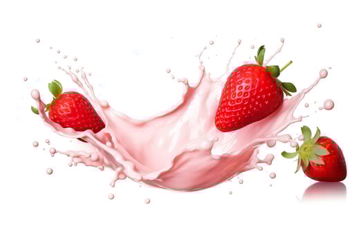 AI generated milk or yogurt splash with strawberries isolated on white background, 3d rendering. AI Generated photo