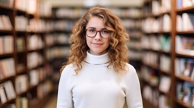 AI generated A Young Female Teacher with Wavy Hair Stands Among Bookstore Shelves, Surrounded by Books. photo