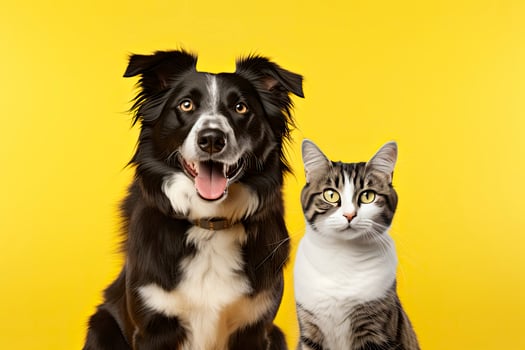 AI generated Cat and dog together with happy expressions on yellow background. AI Generated photo