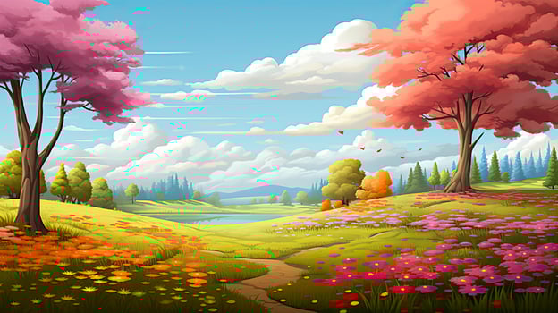 AI generated Spring season with colorful flowers and trees in a pretty meadow or field. AI Generated. photo
