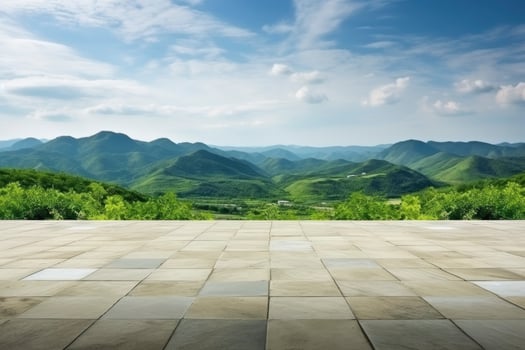 AI generated Square floor and green mountain nature landscape. AI Generated. photo