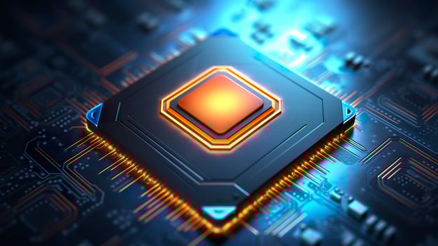 AI generated Top View of a Chip with Glowing Light and Fog in Orange and Blue. AI Generative photo