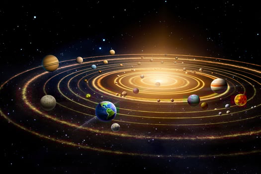 AI generated Our 3d Solar system with planets in orbits path. AI Generative photo