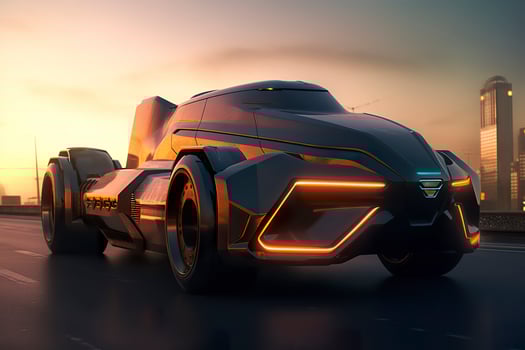 AI generated 23rd Century Futuristic Truck with Hyper Modern Drive, Wide Angle Lens, and Futuristic Skyscraper in the Background. AI Generative photo