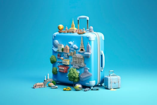 AI generated Blue suitcase full of landmarks and travel accessories on blue background. Generative AI photo