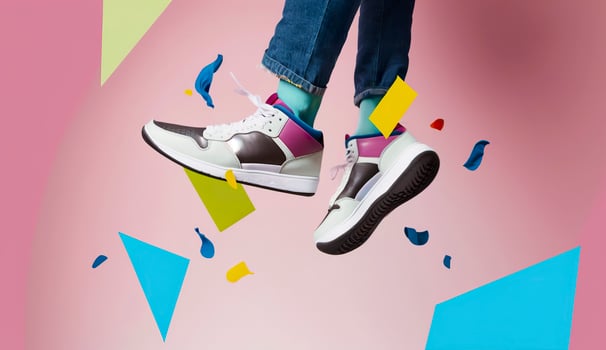 AI generated Flying trendy sneakers on creative colorful background, Stylish fashionable concept. AI Generated photo