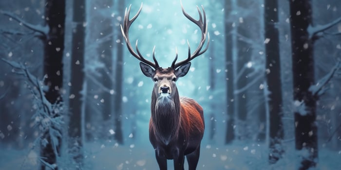 AI generated Noble deer male in the winter snow forest. Artistic winter Christmas landscape. AI Generated photo