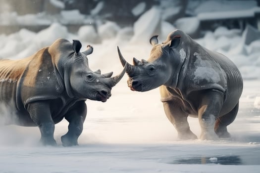 AI generated Two Rhinoceros getting ready for fight on Ice. AI Generated photo