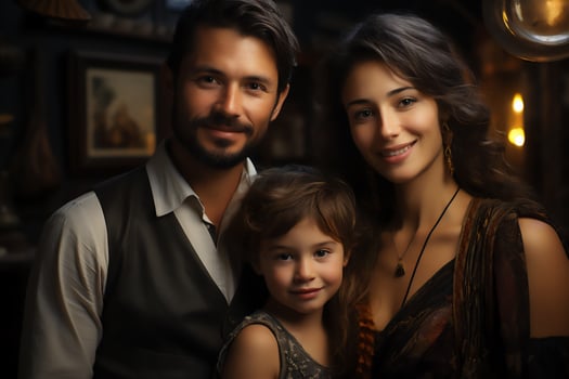 AI Generated Happy latin American family sitting and smiling together. Portrait at night photo