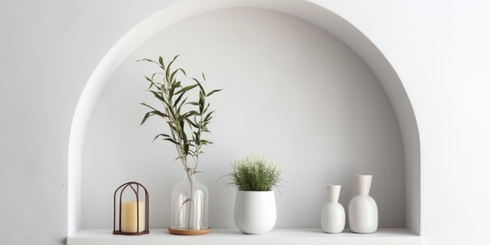 AI generated Minimalistic shelf design in an arch niche with various decorative items photo