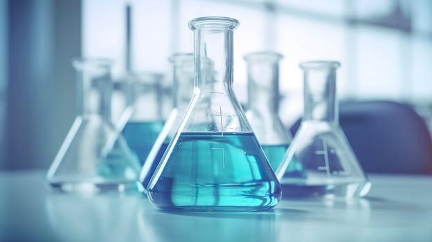 AI generated A Science Beaker in the laboratory on a table white and light blue background.. laboratory equipment out of focus. AI Generative photo