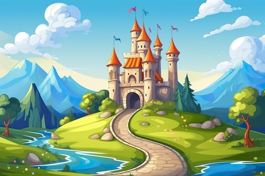 AI generated A World of Imagination. A 3D Landscape with Blue Sky, White Clouds, Green Grass, Mountains, a River, and a Large Castle. AI Generative photo
