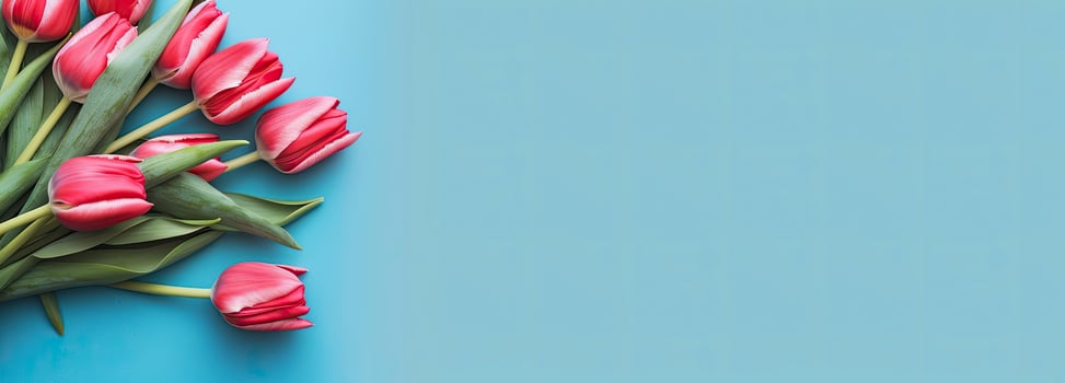 AI generated Bouquet of red tulip on blue Background. Top view with copy space.  AI Generated photo