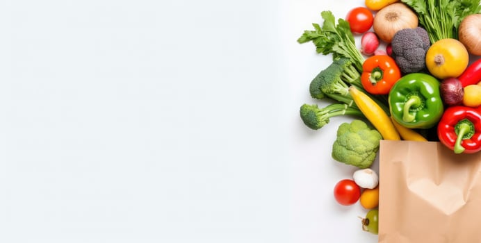 AI generated Healthy food in paper bag vegetables and fruits on white background. AI Generated photo