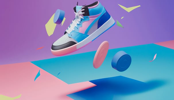 AI generated Flying trendy sneakers on creative colorful background, Stylish fashionable concept. AI Generated photo