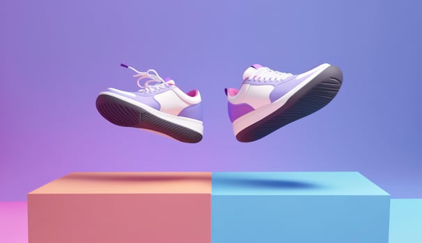 AI generated Flying trendy sneakers on creative colorful background, Stylish fashionable concept. AI Generated photo