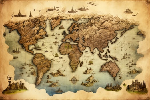 AI generated Great detailed illustration of the world map in vintage style. AI Generated photo