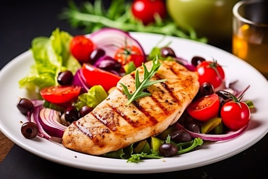 AI generated Grilled chicken breast with tomatoes, red pepper, organic green and kalamata olives. AI Generated photo