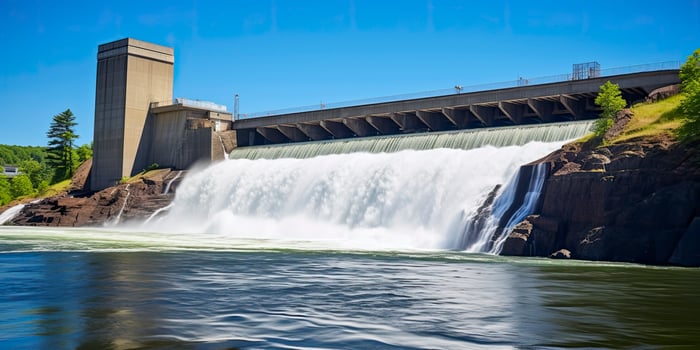 AI generated Hydroelectric dam generating green energy from flowing water.   AI Generated. photo