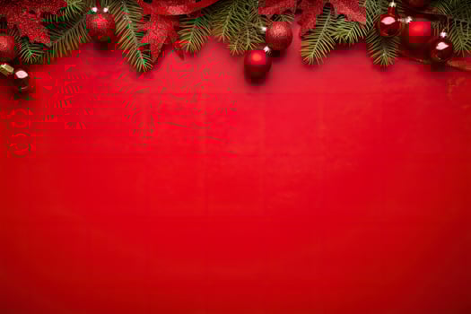 AI generated Christmas or New Year red background with fir decor. AI Generated photo