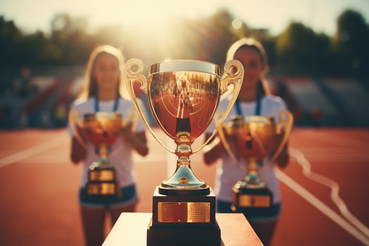 AI generated Gold cup to the winner of the competition on the podium at the stadium. Sports concept. Generated by artificial intelligence photo