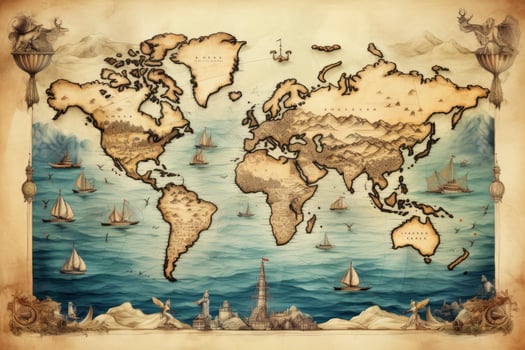 AI generated Great detailed illustration of the world map in vintage style. AI Generated photo