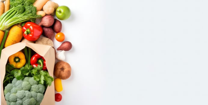 AI generated Healthy food in paper bag vegetables and fruits on white background. AI Generated photo