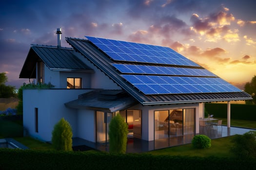 AI generated Modern house with blue solar panels on the roof. End of the day, sunset. AI Generated photo