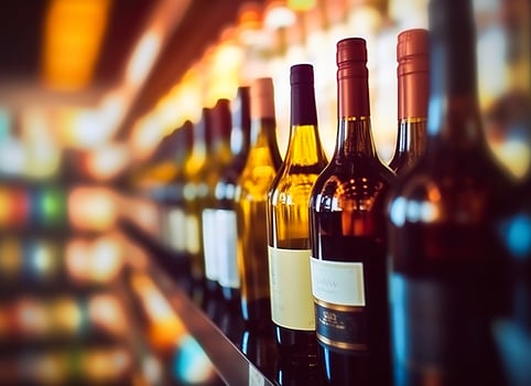 AI generated Abstract blur wine bottles on liquor alcohol shelves in supermarket store background. Generative AI photo