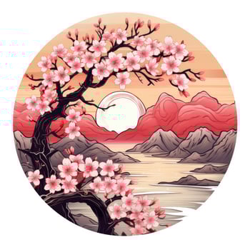 AI generated Cherry blossoms in the sunset background. Japanese tattoo style. AI Generated photo