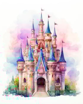 AI generated Colorful watercolor kawaii castle isolated on white background. AI Generated photo