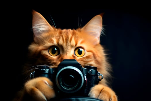 AI generated Red cat with a camera on a black background. AI generated photo