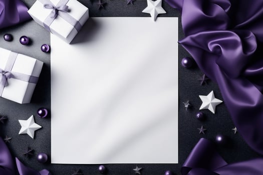 AI generated Christmas greeting card mockup with gift boxes and purple satin cloth photo