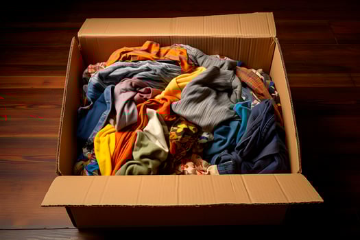 AI generated Box of clothes for recycling. Fast fashion concept. AI generated. photo
