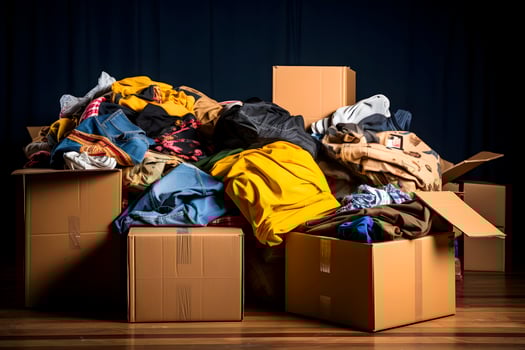 AI generated Boxes of clothes for recycling. Fast fashion concept. AI generated. photo