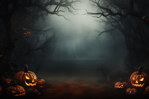 AI Generated Halloween pumpkins in graveyard on the spooky Night. Halloween background concept. High quality photo