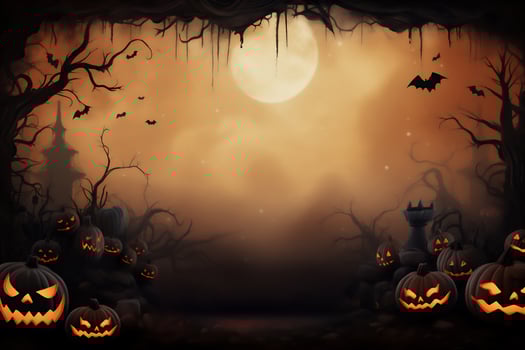 AI Generated Halloween pumpkins in graveyard on the spooky Night. Halloween background concept. High quality photo