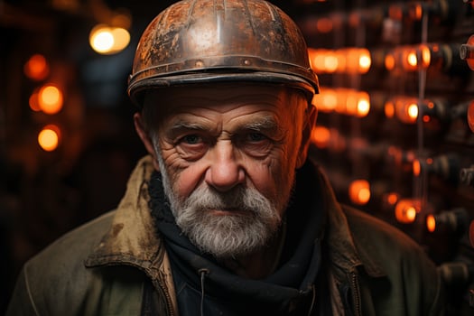 AI generated portrait of aged man worker in a hard hat on a blurred industrial background photo