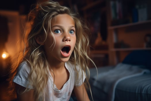 AI generated surprised little girl is expressive telling something in living room at home photo