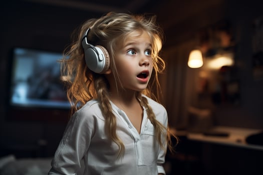 AI generated little girl listens to music on headphones in the evening in the living room photo