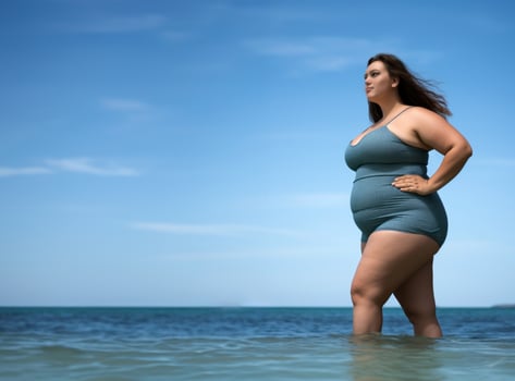 AI generated Young chubby woman in gray swimsuit standing in sea water on seashore. Side view. Copy space. photo