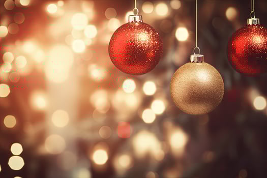 AI generated warm blurred festive background with xmax balls on the foreground photo