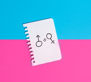 The concept of gender equality. Torn paper with painted female and male symbols on a blue-pink background. Equality of rights of men and women. photo