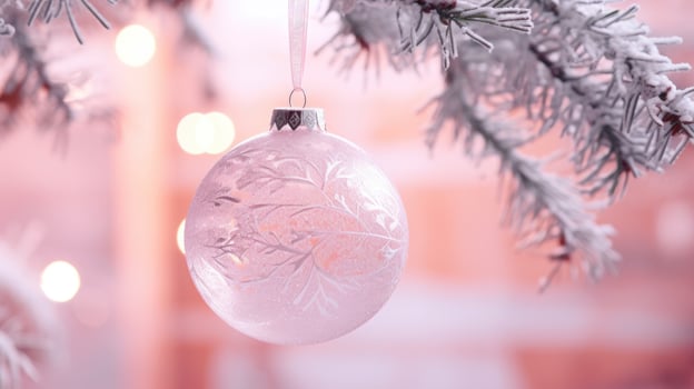 AI generated a christmas ornament with a pink glow on a tree branch photo