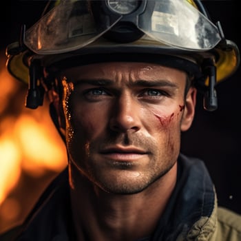 AI generated handsome firefighter, his piercing blue eyes and chiseled jawline highlighted photo