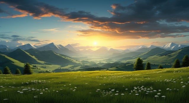 AI generated a green field at sunset, topographical realism, uhd image, mountainous vistas photo