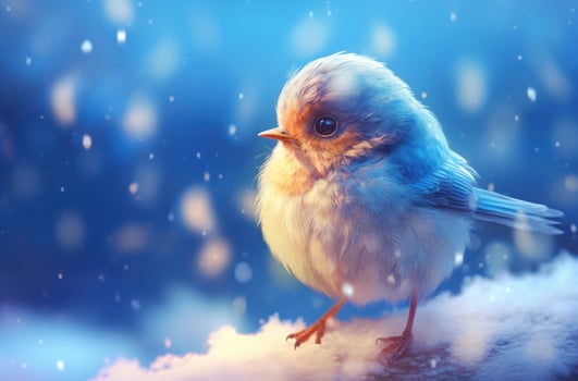 AI generated small blue bird sitting in the snow with some snow, photo
