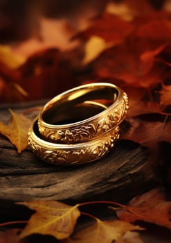 AI generated two wedding rings in the middle of a wooden surface photo
