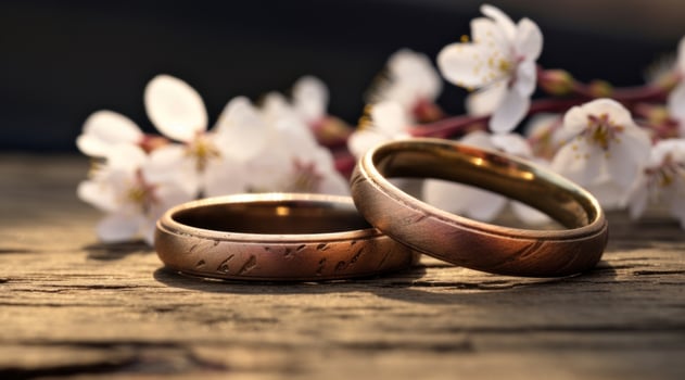 AI generated two wedding rings on top of a piece of wood photo